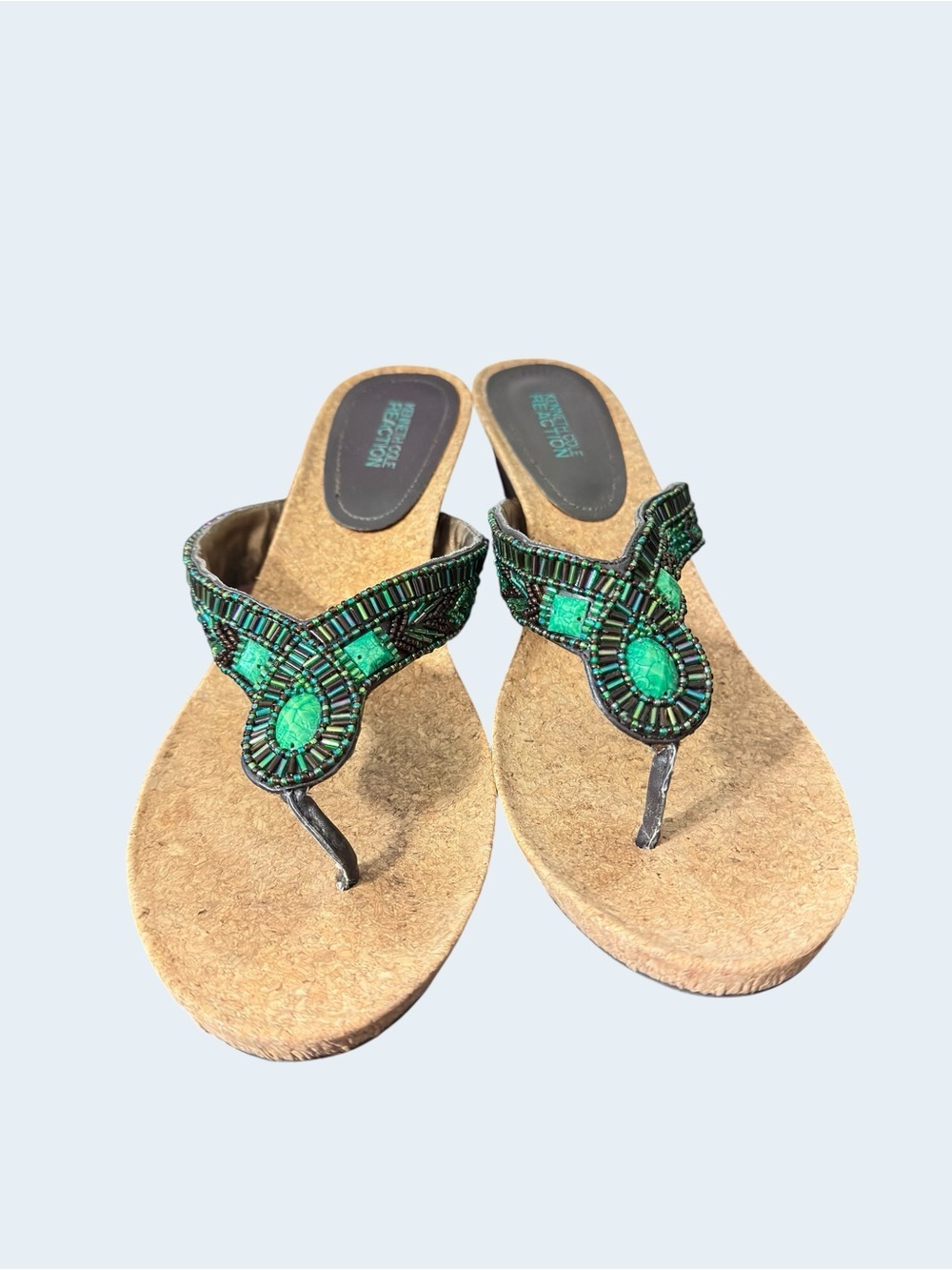 Kenneth Cole Reaction Women's Faux Turquoise & Beaded Thong Sandal Sz 9.5M - Picture 4 of 11